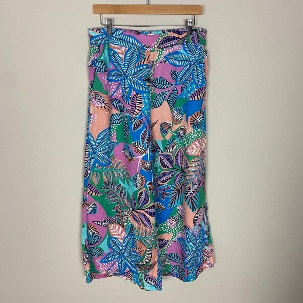 Cynthia Rowley Linen Pants Womens Large Tropical Wide Leg Cropped Elastic Boho
